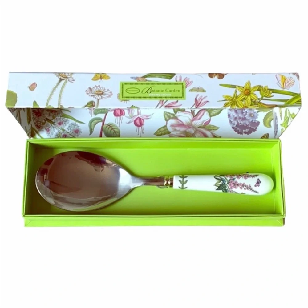 NIB Portmeirion Stainless Steel Serving Spoon Porcelain Handle Botanic Garden